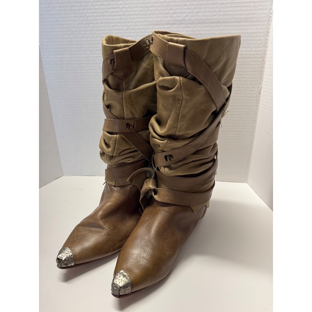 Vintage Tobacco Road Brown Leather Slouch Wrap Boots Italy Size 39 Women 8.5